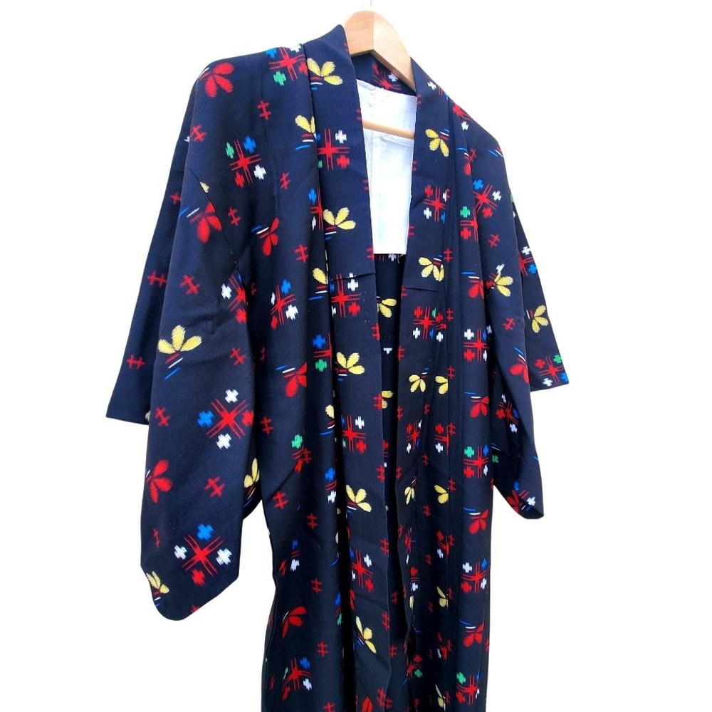 Vintage Black Kimono Abstract Floral Wool Blend Hand Stitched NWOT Dead Stock